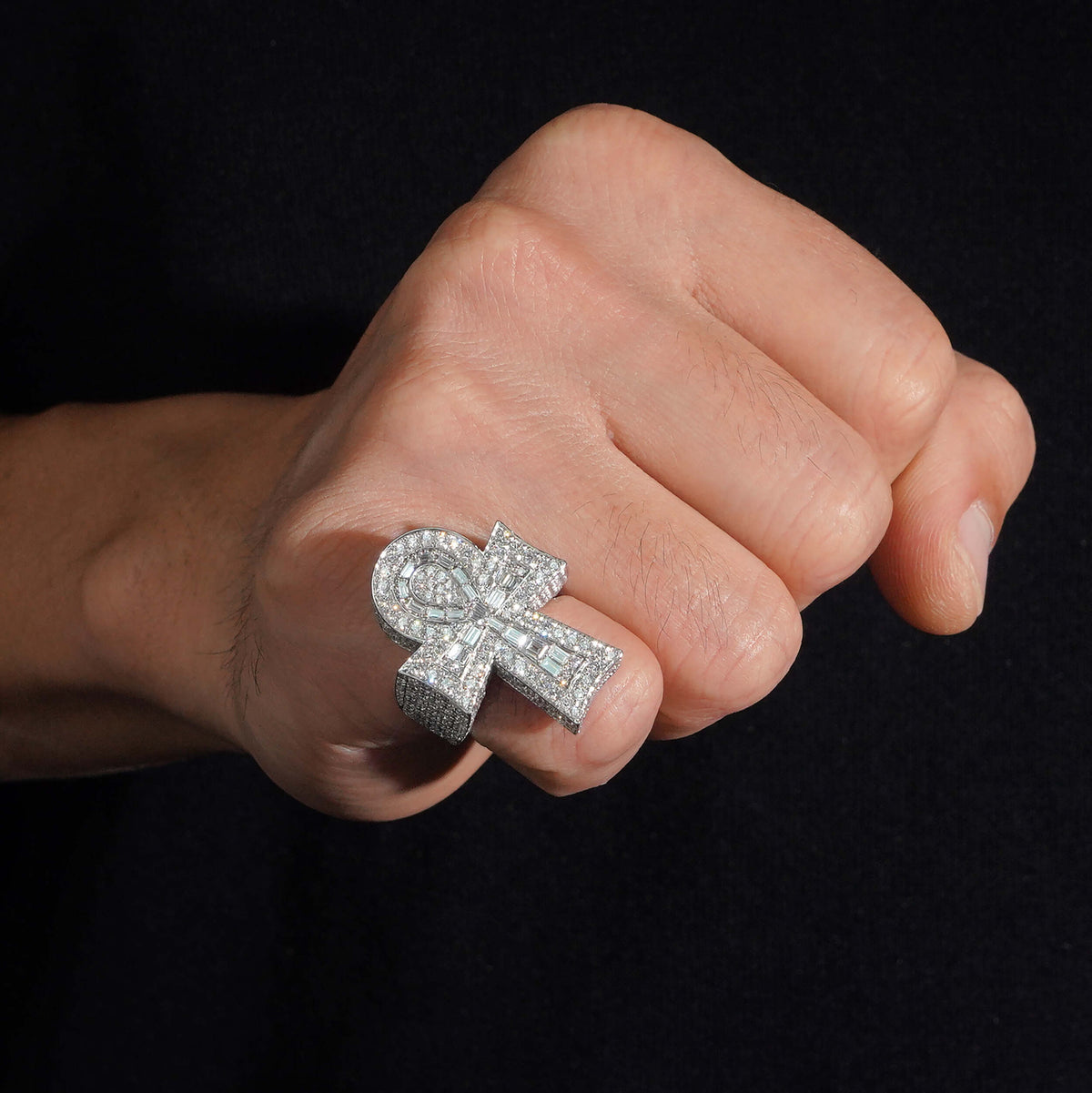 Solid Ankh Cross Diamond Ring